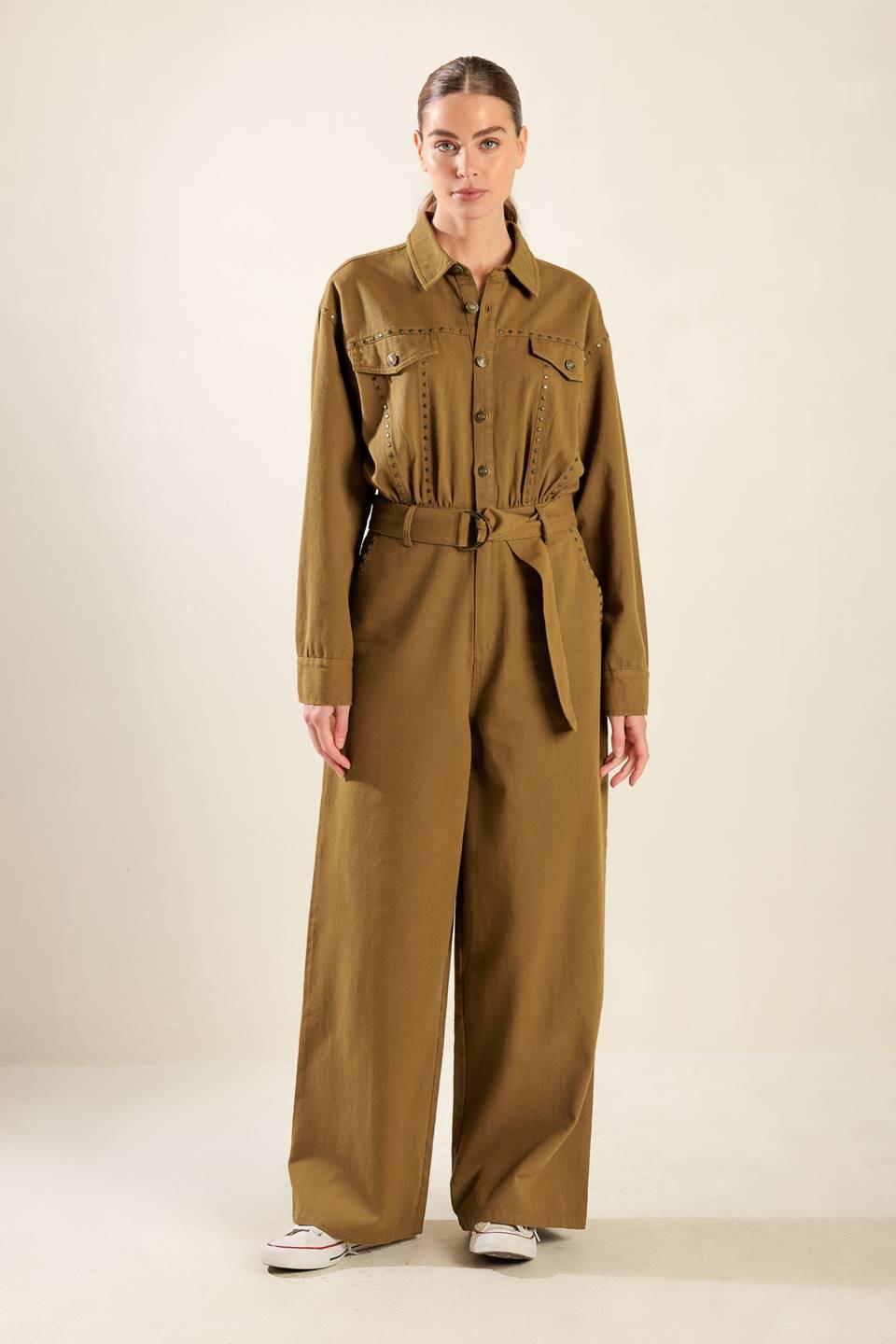 Fleeting Whispers Twill Jumpsuit in brown, view 1 — Soul Flow Apparel