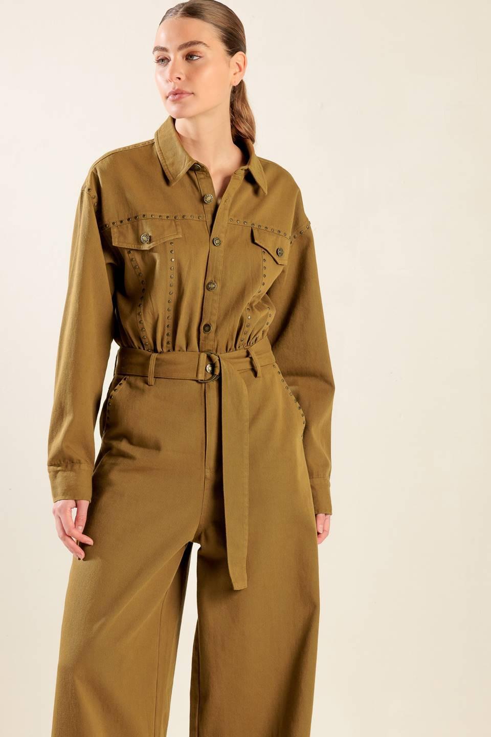 Fleeting Whispers Twill Jumpsuit in brown, view 3 — Soul Flow Apparel