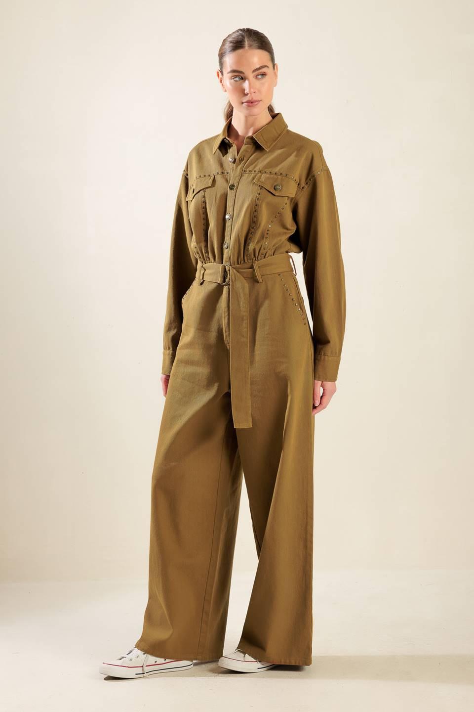 Fleeting Whispers Twill Jumpsuit in brown, view 5 — Soul Flow Apparel