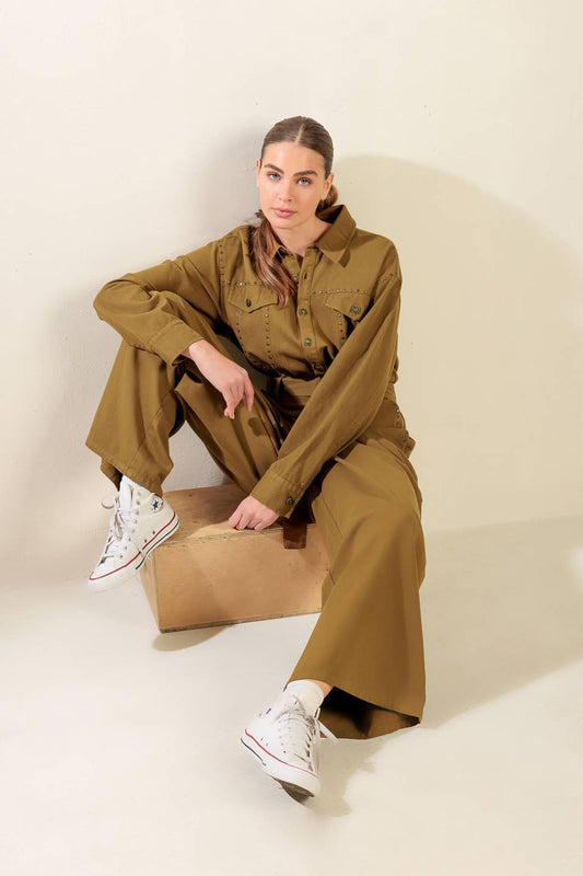 Fleeting Whispers Twill Jumpsuit in brown, view 7 — Soul Flow Apparel