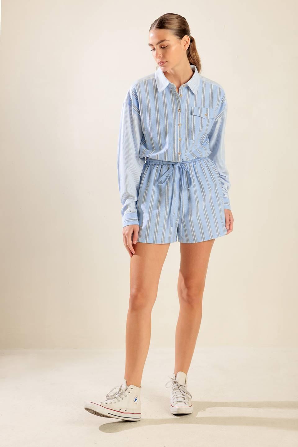 Hold Me Close Woven Romper in blue multi, view 2 — Soul Flow Apparel