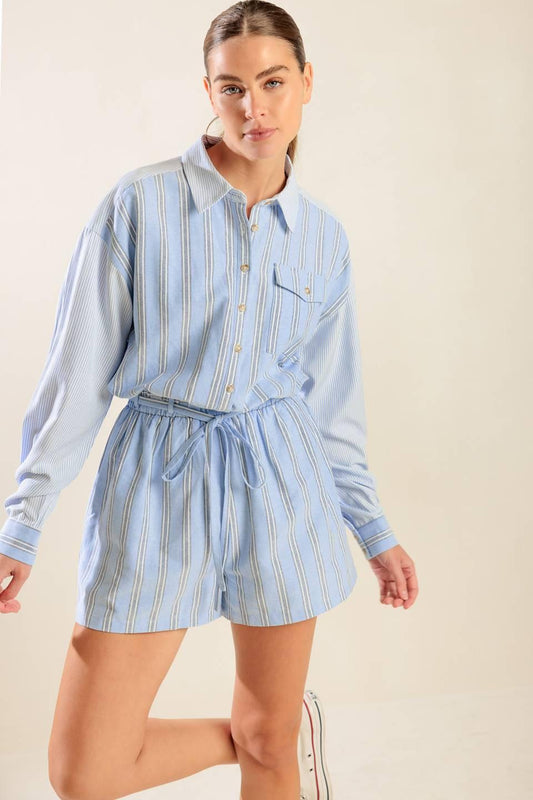 Hold Me Close Woven Romper in blue multi, view 3 — Soul Flow Apparel
