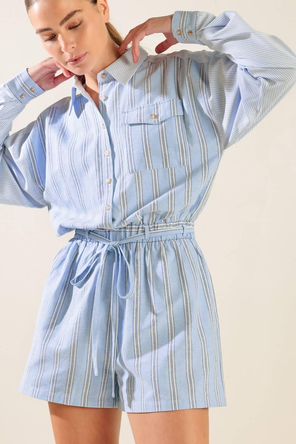 Hold Me Close Woven Romper in blue multi, view 5 — Soul Flow Apparel