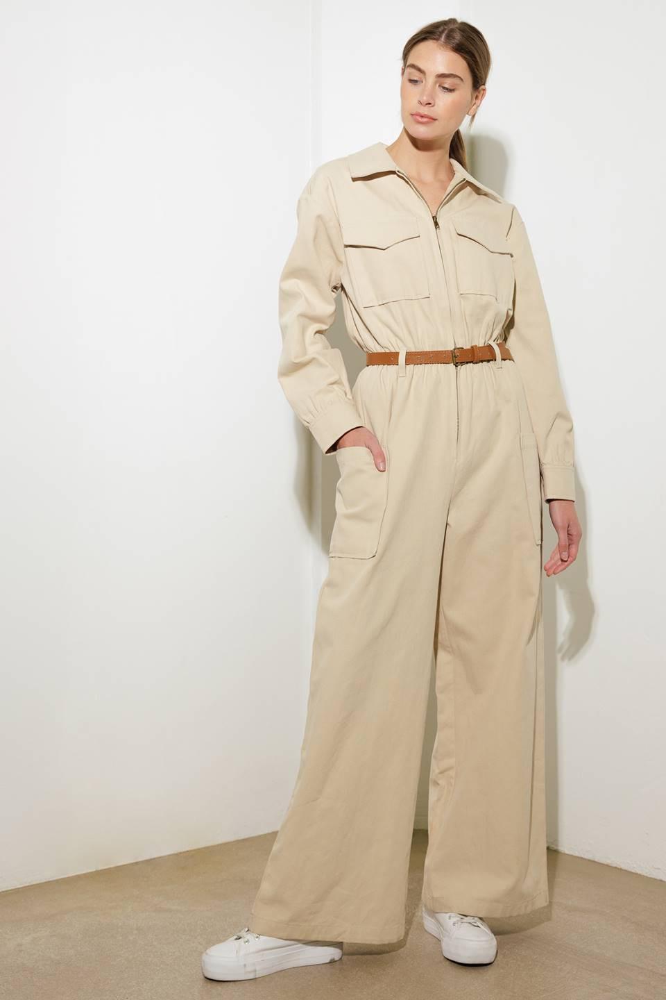 When It Happens Woven Jumpsuit in beige, view 2 — Soul Flow Apparel