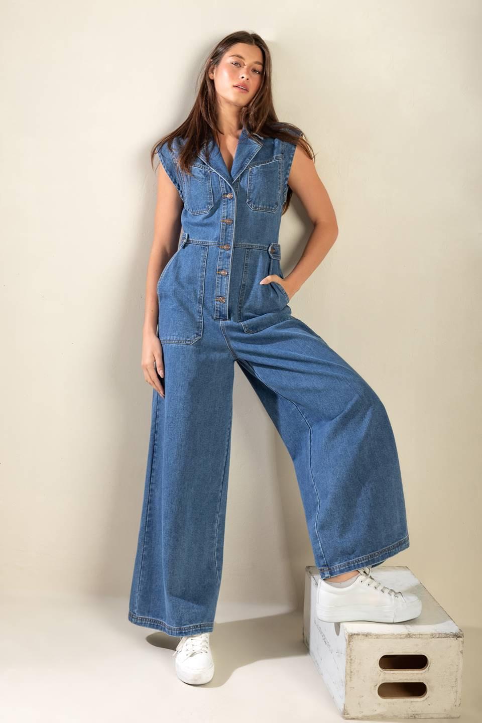 Over You Again Denim Jumpsuit in medium, view 1 — Soul Flow Apparel