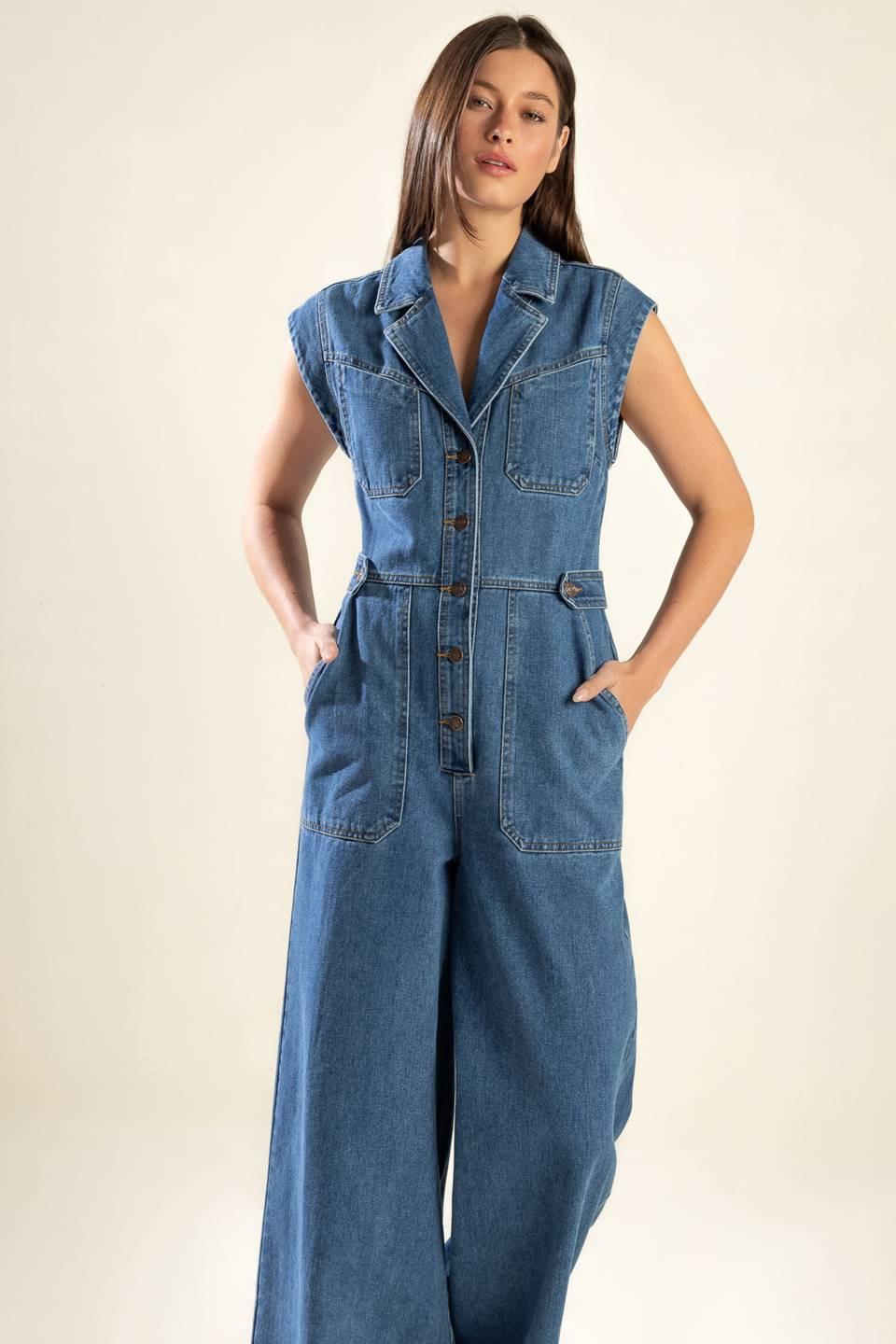 Over You Again Denim Jumpsuit in medium, view 2 — Soul Flow Apparel