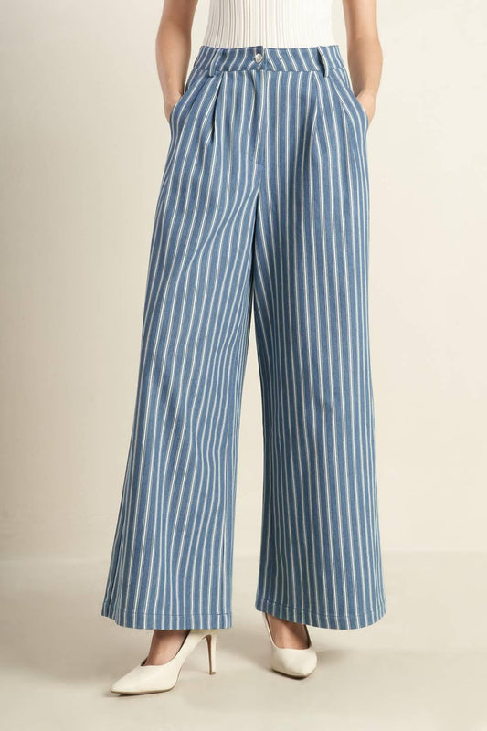 Frames of Bliss Woven Pants in stripe dindigo, view 1 — Soul Flow Apparel