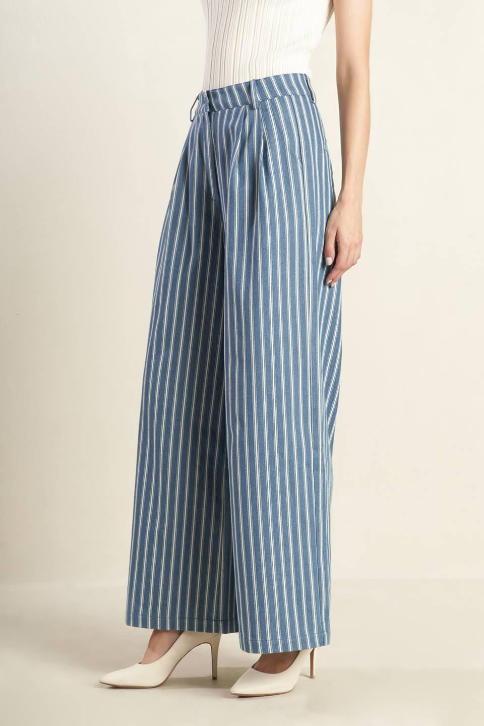 Frames of Bliss Woven Pants in stripe dindigo, view 2 — Soul Flow Apparel