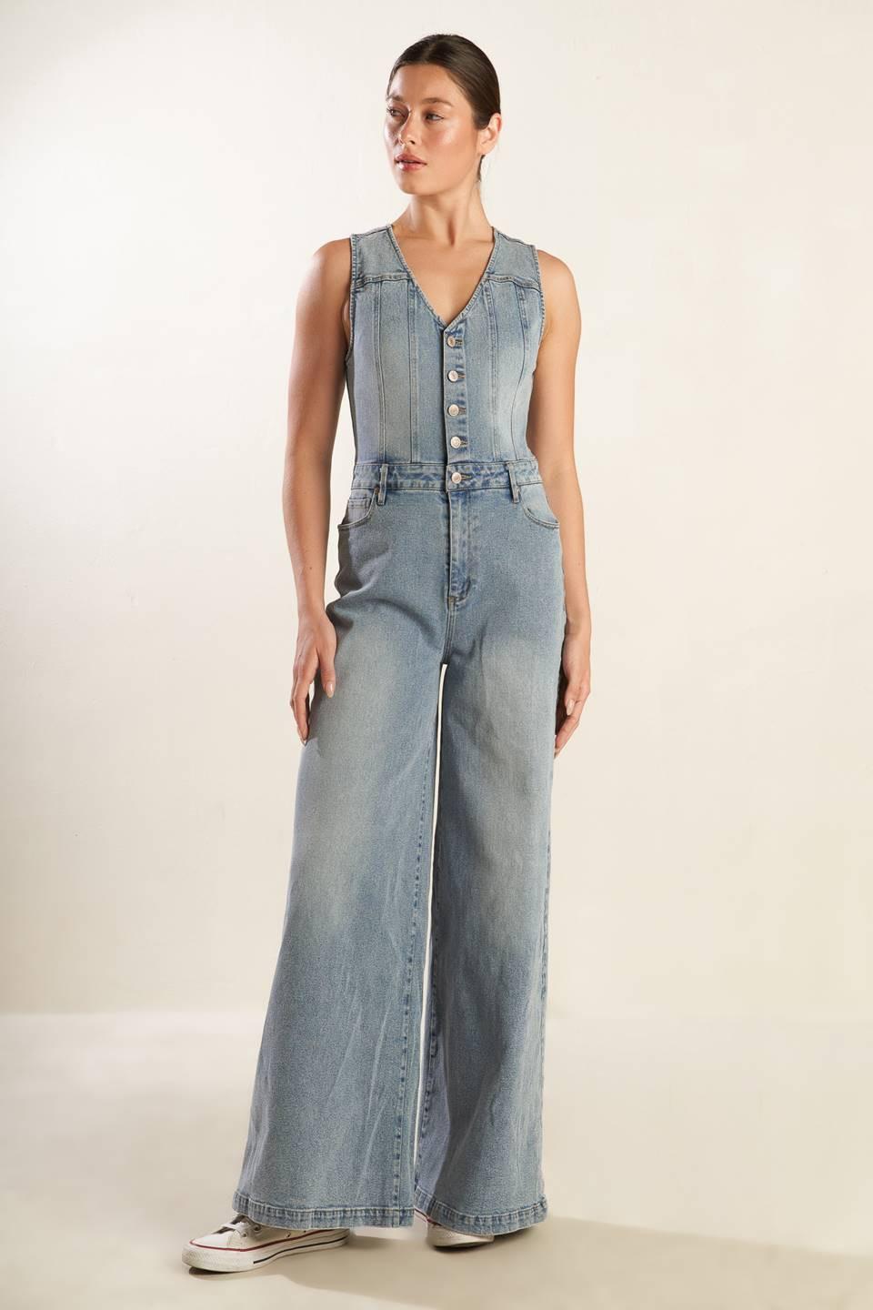 Walk with Me Denim Jumpsuit in light, view 1 — Soul Flow Apparel