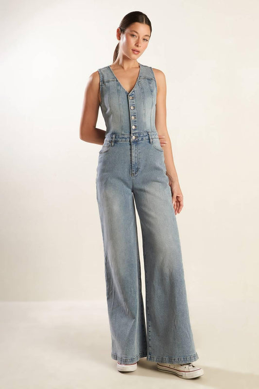 Walk with Me Denim Jumpsuit in light, view 2 — Soul Flow Apparel