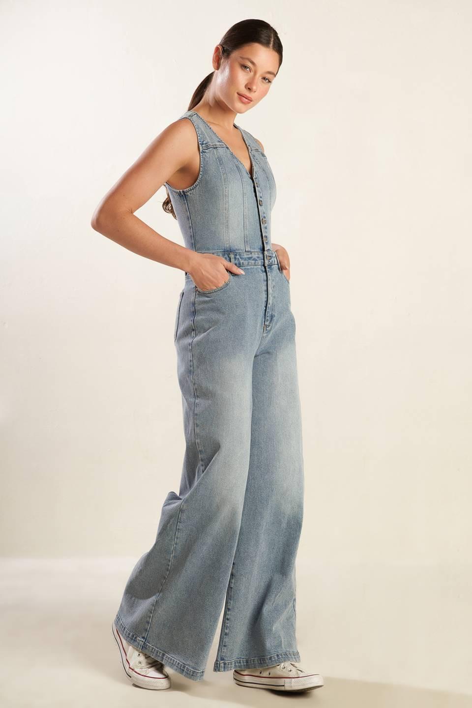 Walk with Me Denim Jumpsuit in light, view 3 — Soul Flow Apparel