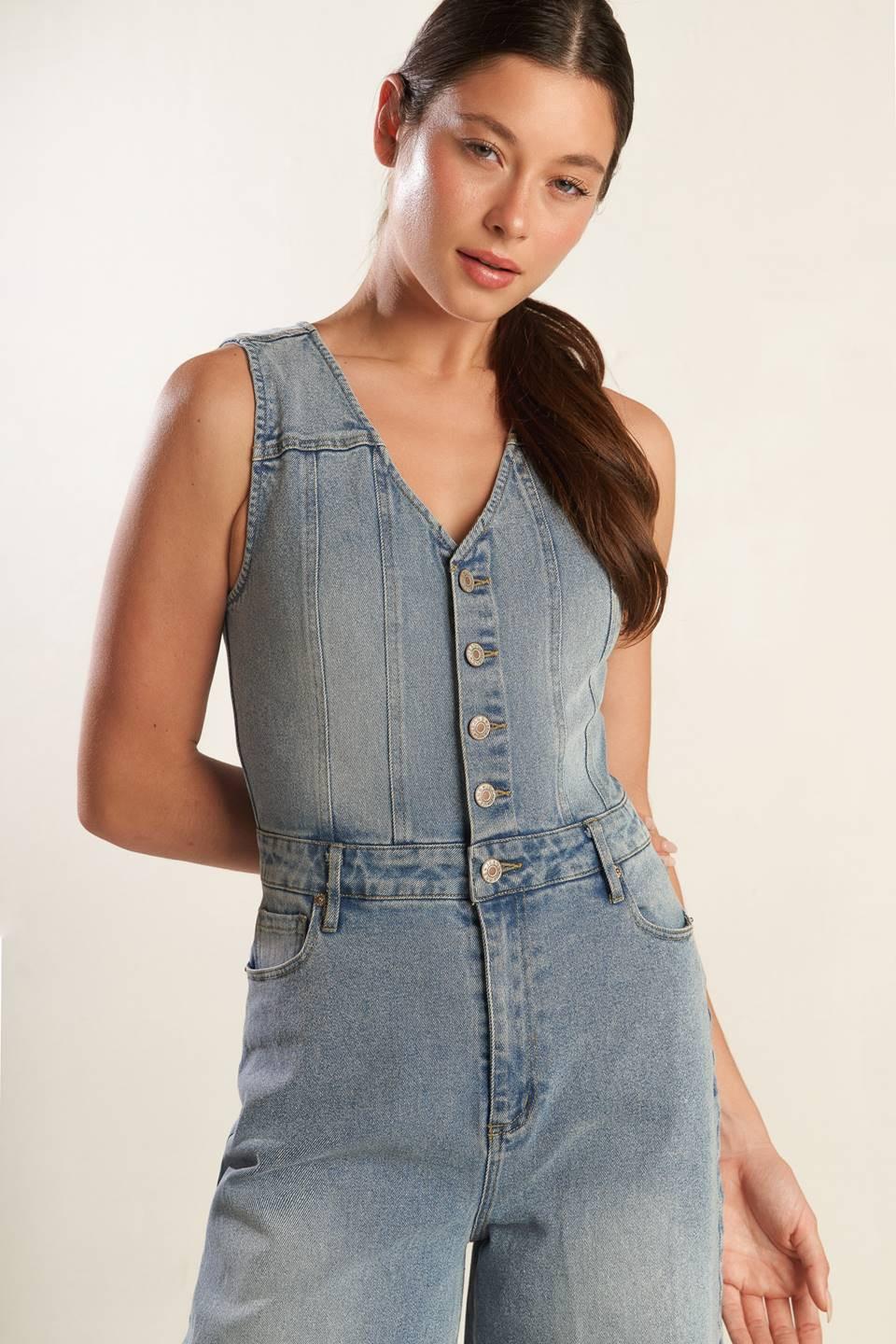 Walk with Me Denim Jumpsuit in light, view 6 — Soul Flow Apparel