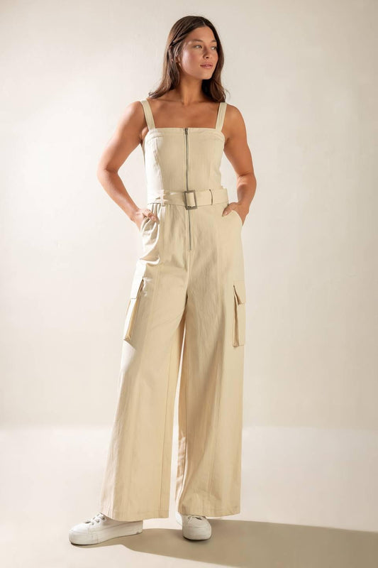 Love Somebody Woven Jumpsuit in oatmeal, view 1 — Soul Flow Apparel