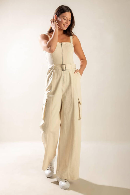 Love Somebody Woven Jumpsuit in oatmeal, view 2 — Soul Flow Apparel
