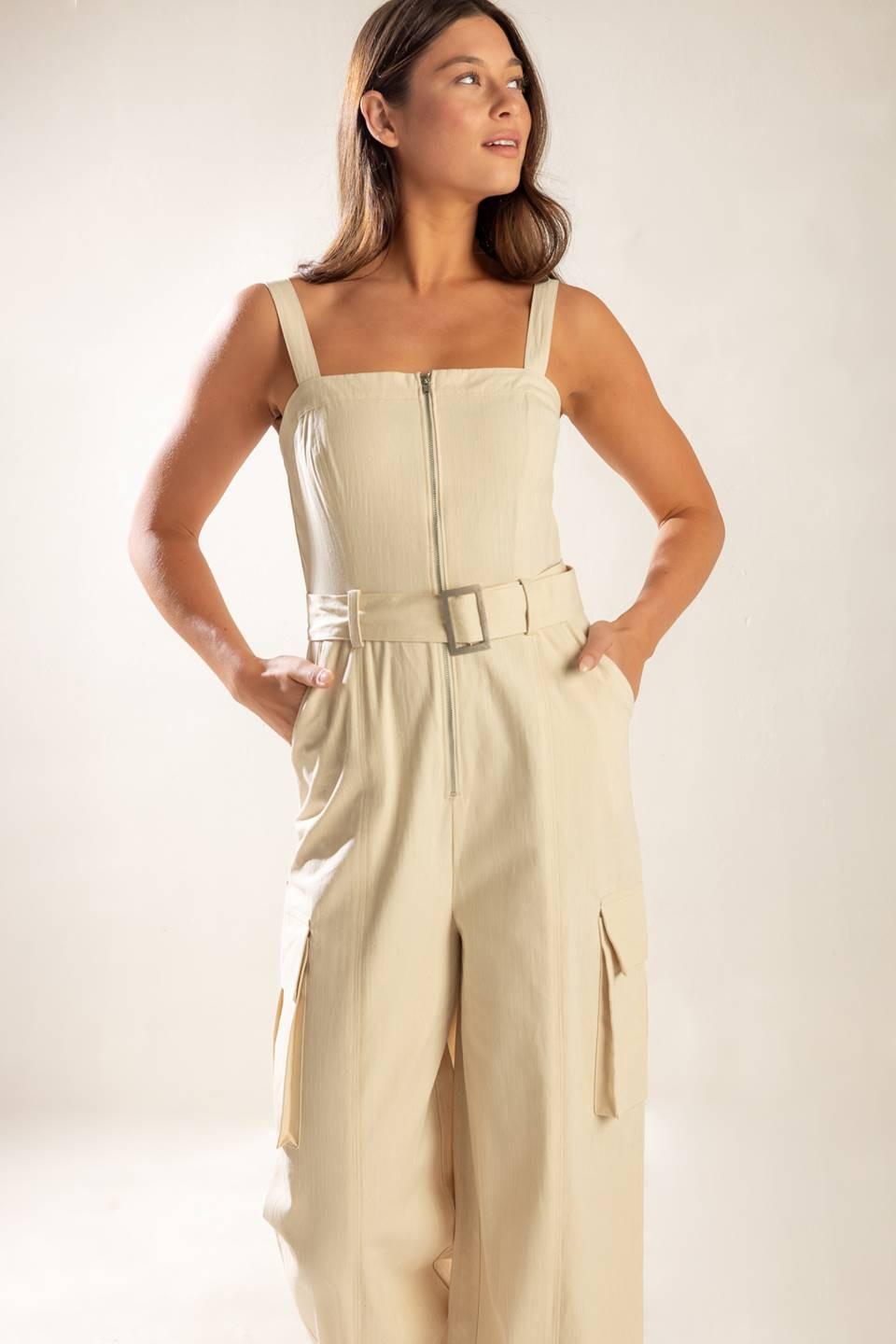 Love Somebody Woven Jumpsuit in oatmeal, view 3 — Soul Flow Apparel