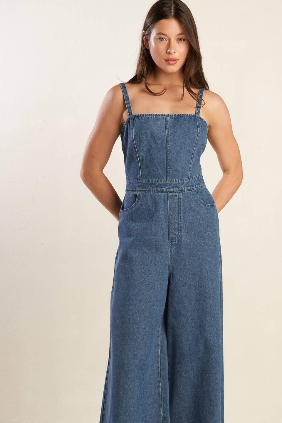 Clean Girl Denim Jumpsuit in medium indigo, view 2 — Soul Flow Apparel