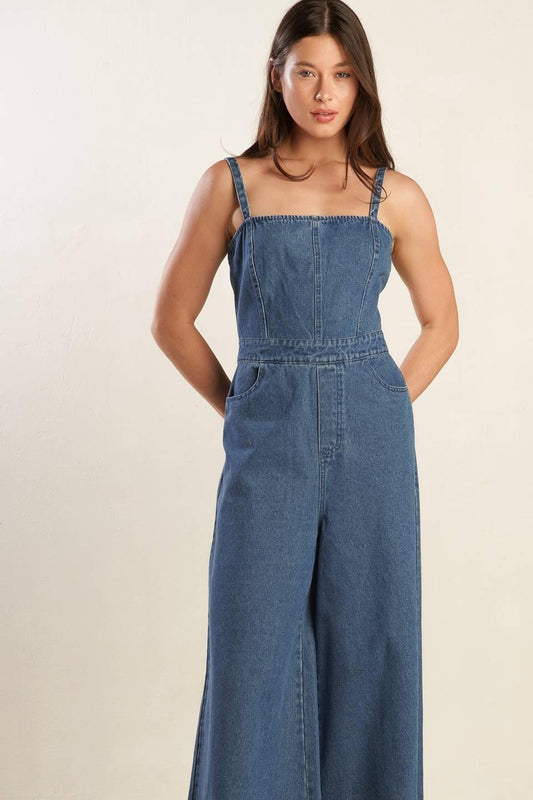Clean Girl Denim Jumpsuit in medium indigo, view 2 — Soul Flow Apparel