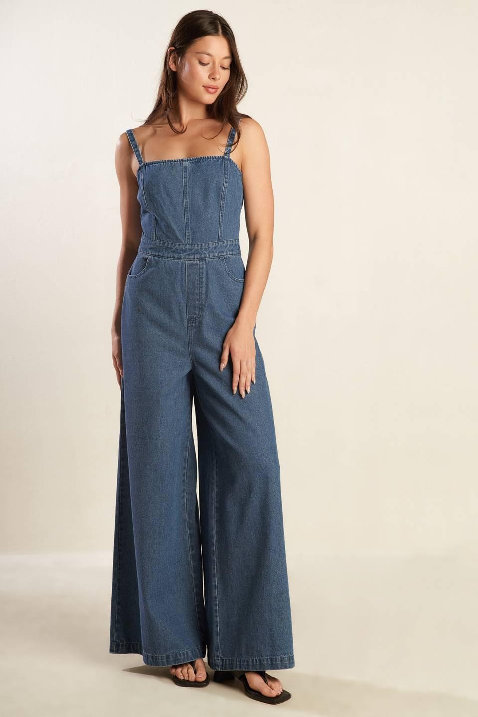 Clean Girl Denim Jumpsuit in medium indigo, view 3 — Soul Flow Apparel