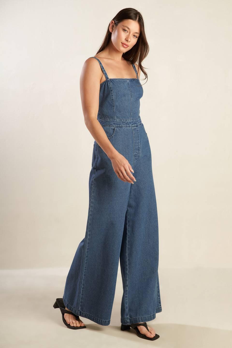 Clean Girl Denim Jumpsuit in medium indigo, view 4 — Soul Flow Apparel