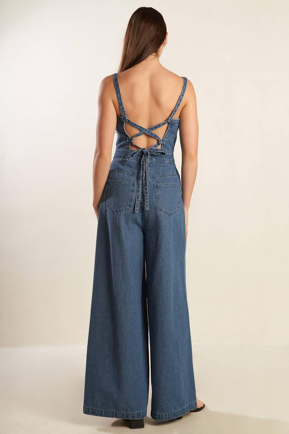 Clean Girl Denim Jumpsuit in medium indigo, view 5 — Soul Flow Apparel