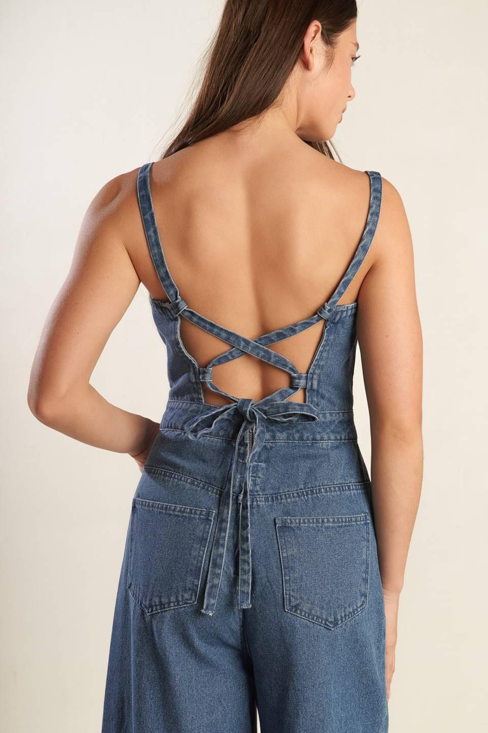 Clean Girl Denim Jumpsuit in medium indigo, view 6 — Soul Flow Apparel