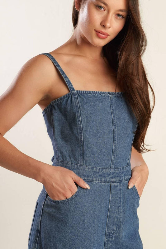 Clean Girl Denim Jumpsuit in medium indigo, view 7 — Soul Flow Apparel