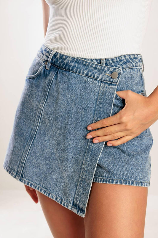 By Chance Denim Skort in blue, view 1 — Soul Flow Apparel