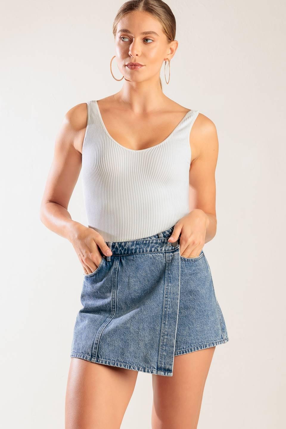 By Chance Denim Skort in blue, view 3 — Soul Flow Apparel