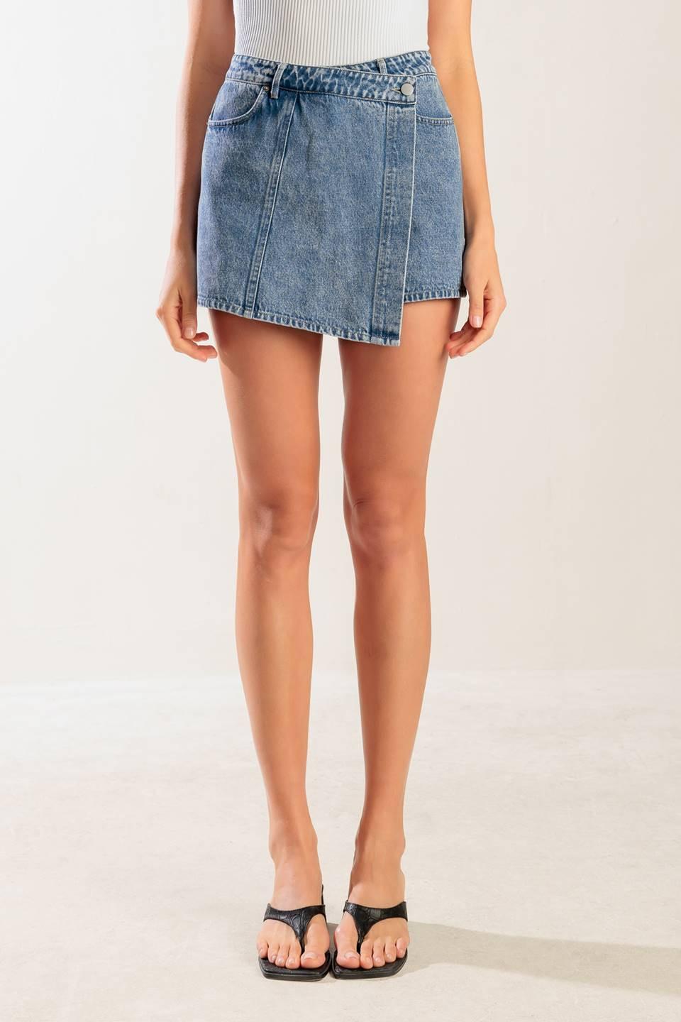 By Chance Denim Skort in blue, view 4 — Soul Flow Apparel