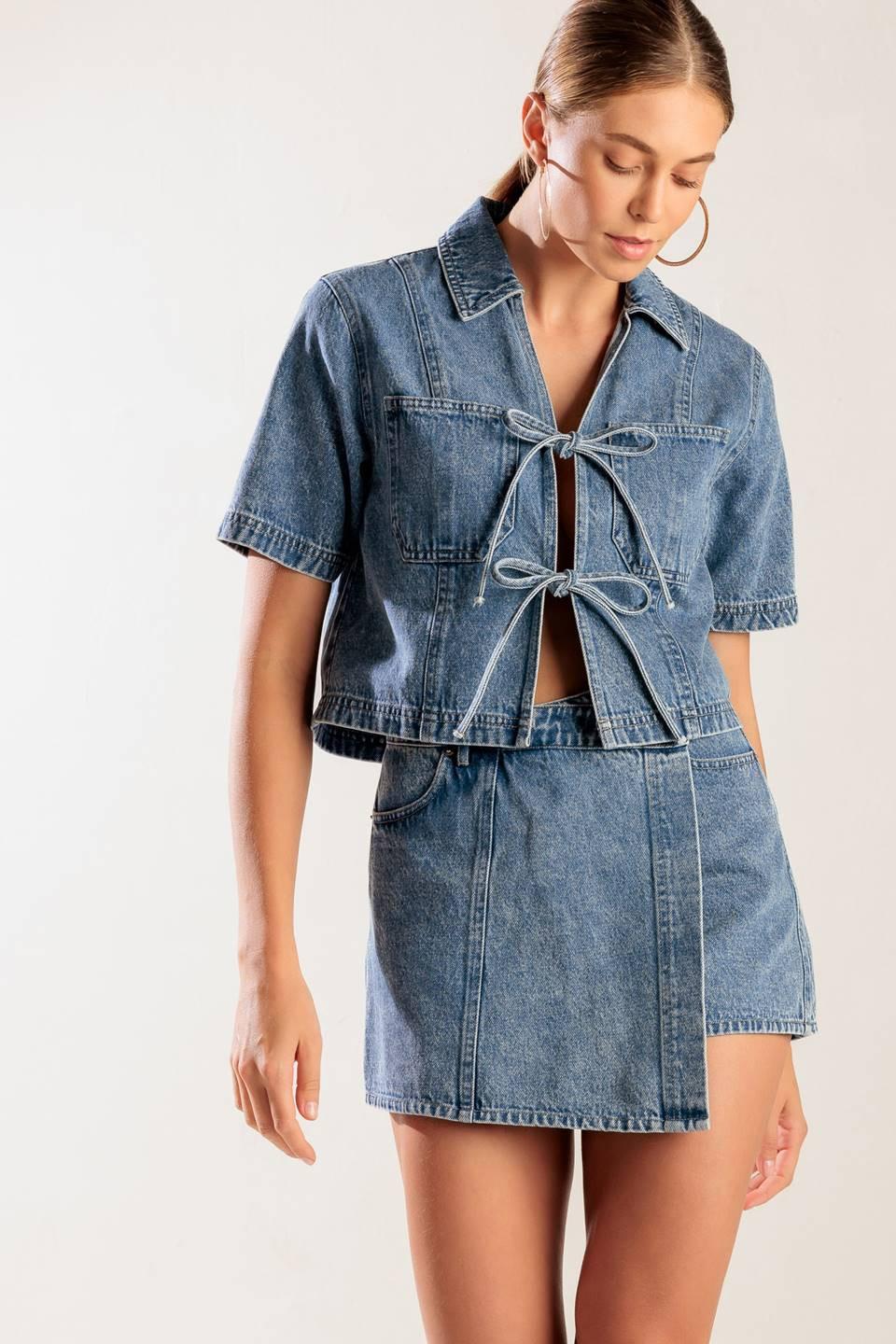 By Chance Denim Skort in blue, view 5 — Soul Flow Apparel