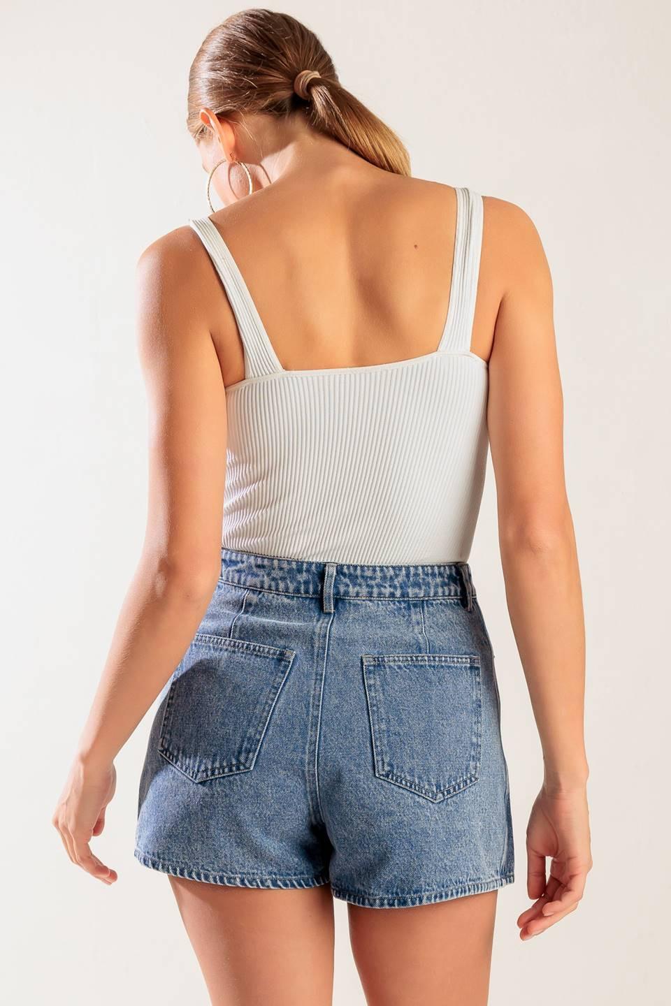 By Chance Denim Skort in blue, view 6 — Soul Flow Apparel