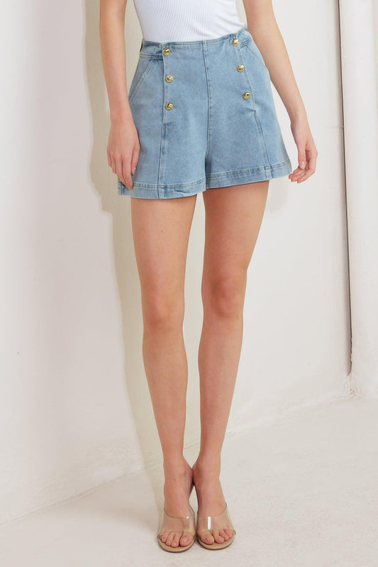 Angel Wings and Chamomile Woven Skort in light blue denim, view 1 — Soul Flow Apparel