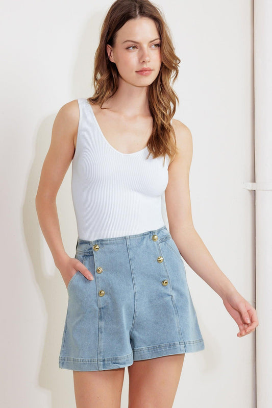Angel Wings and Chamomile Woven Skort in light blue denim, view 6 — Soul Flow Apparel