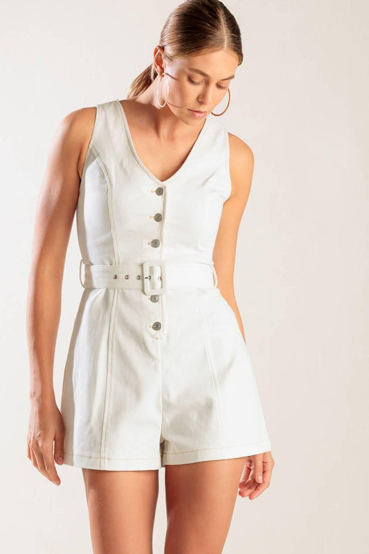 Take the Lead White Woven Romper in off-white, view 1 — Soul Flow Apparel