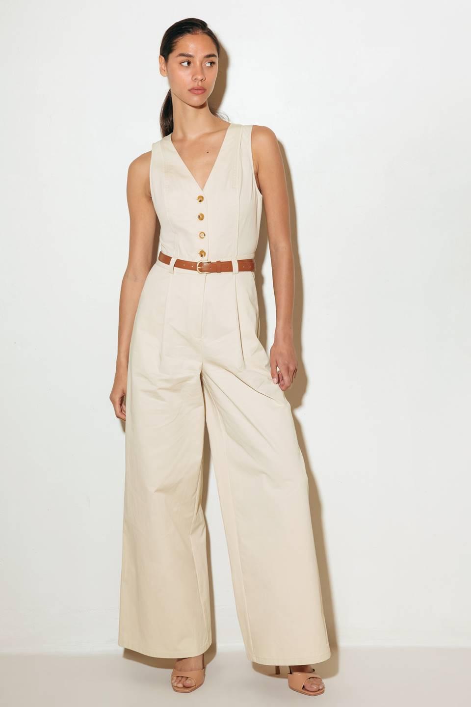 Everyday Essential Woven Jumpsuit in almond, view 1 — Soul Flow Apparel