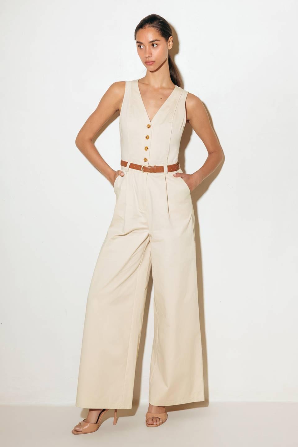 Everyday Essential Woven Jumpsuit in almond, view 3 — Soul Flow Apparel