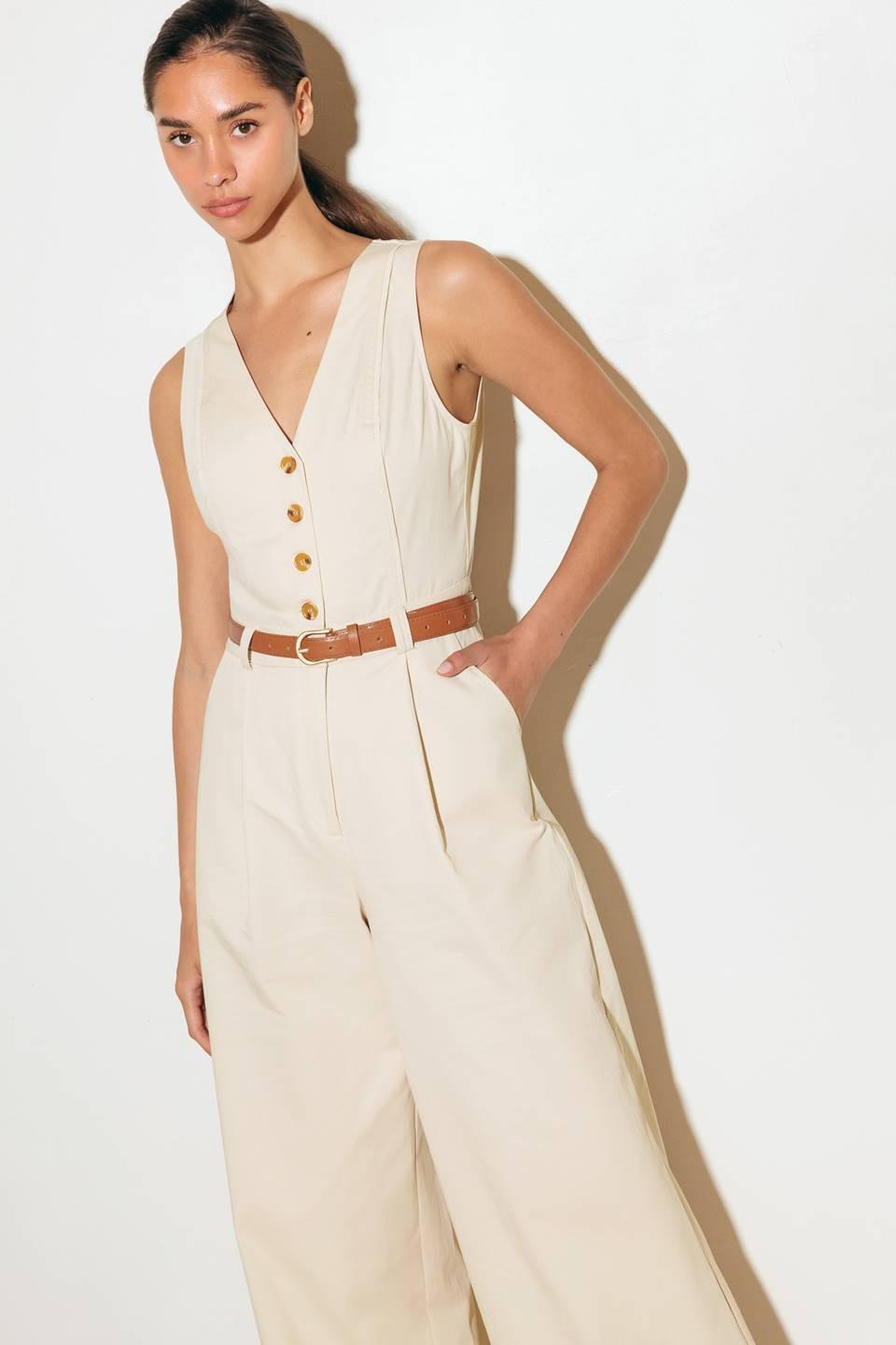 Everyday Essential Woven Jumpsuit in almond, view 4 — Soul Flow Apparel