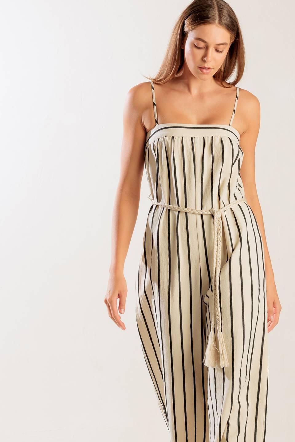 Just the Beginning Woven Jumpsuit in taupe black, view 1 — Soul Flow Apparel