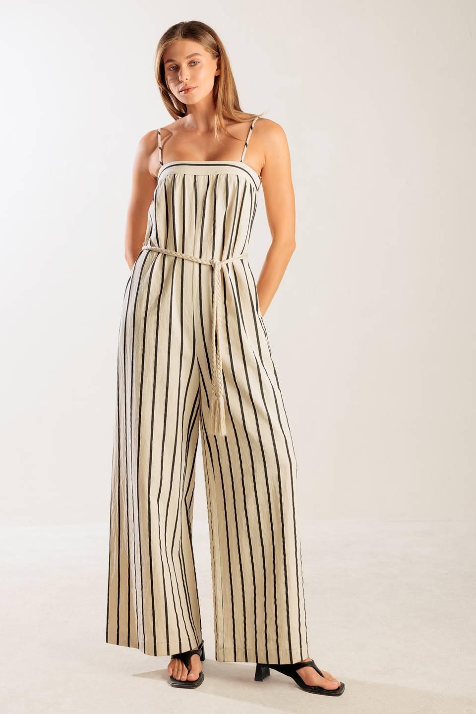 Just the Beginning Woven Jumpsuit in taupe black, view 2 — Soul Flow Apparel