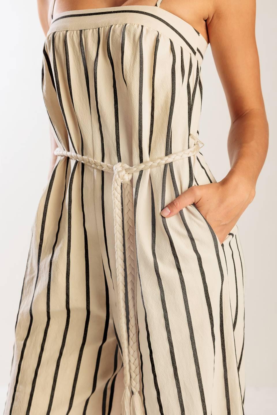 Just the Beginning Woven Jumpsuit in taupe black, view 3 — Soul Flow Apparel