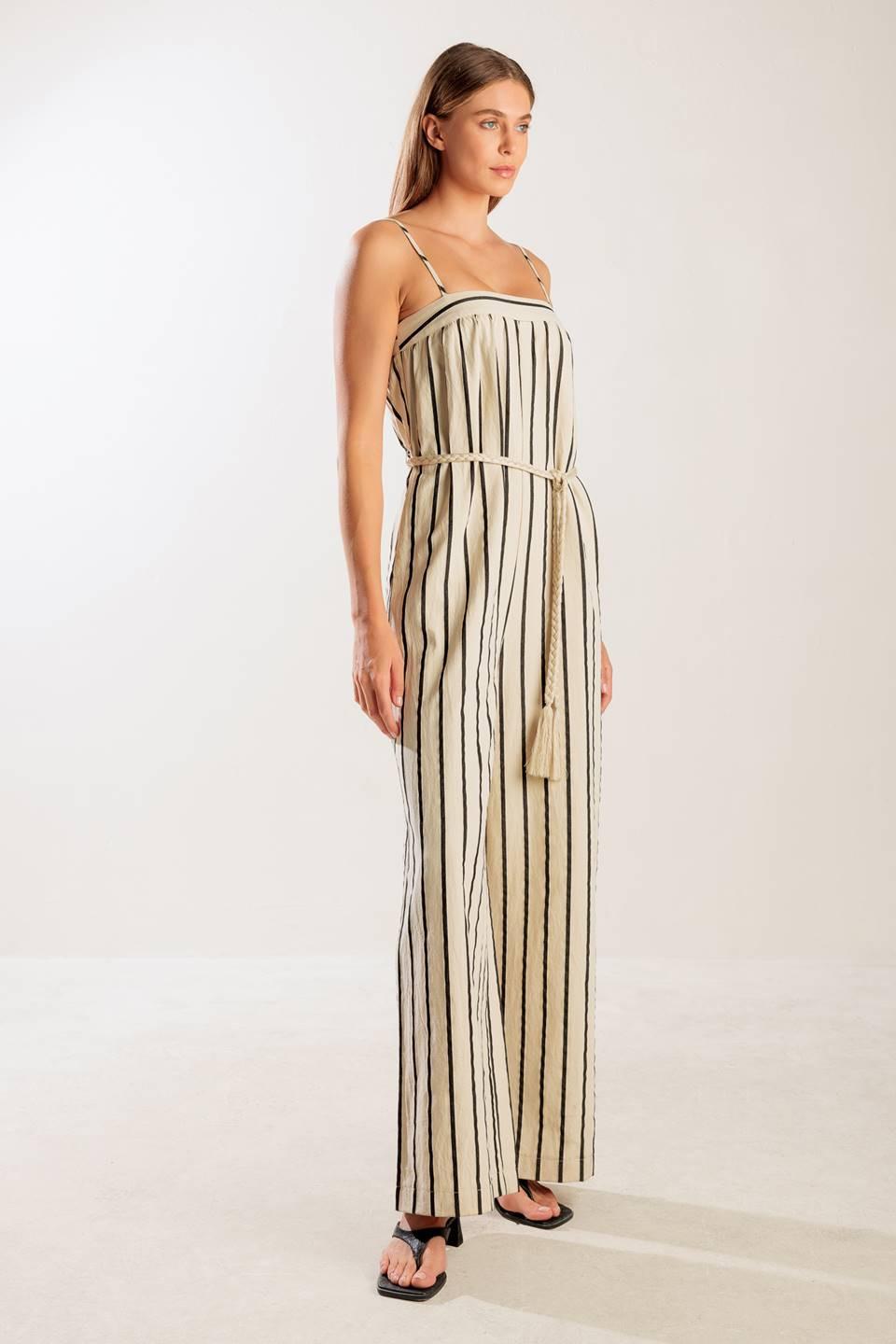 Just the Beginning Woven Jumpsuit in taupe black, view 4 — Soul Flow Apparel