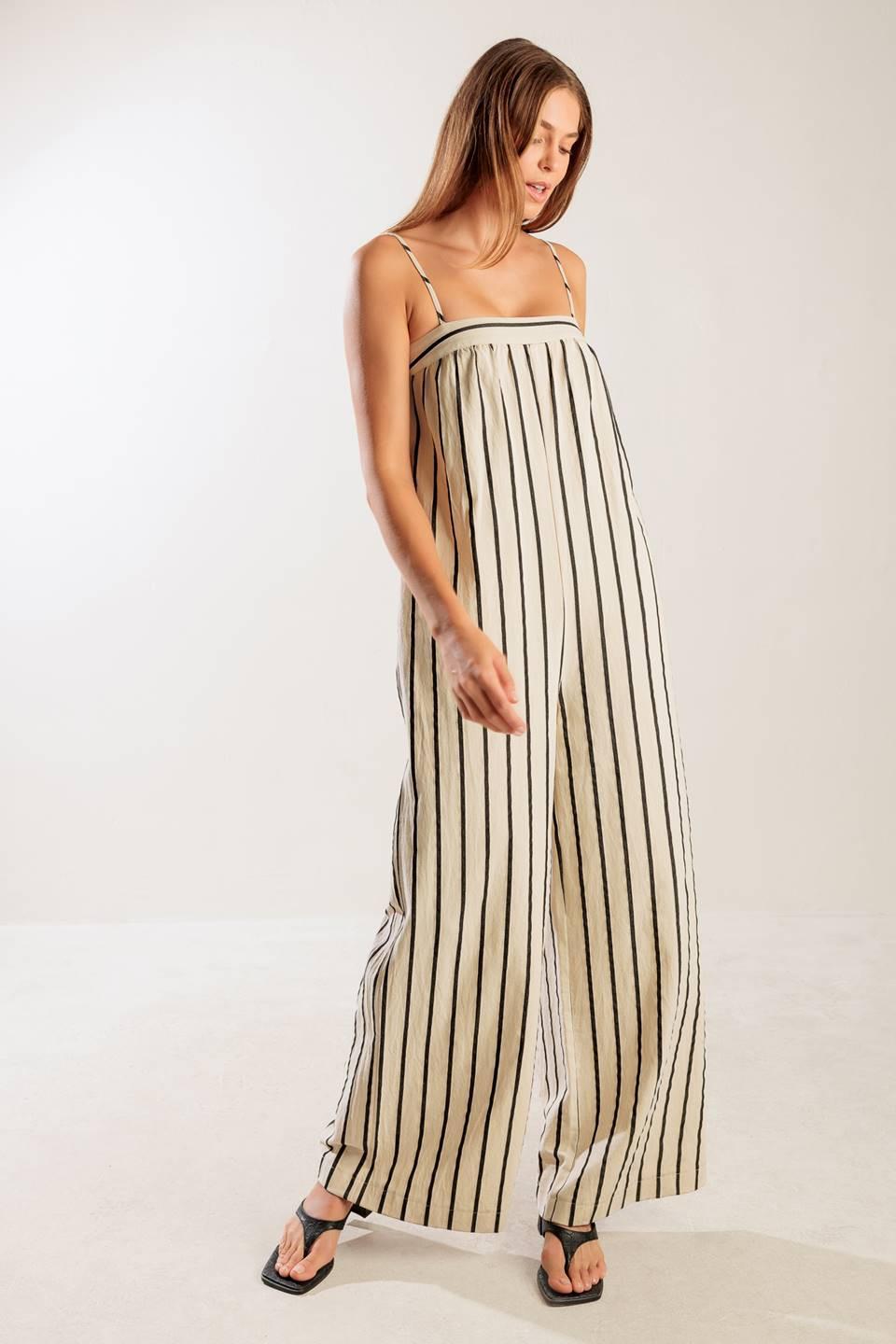 Just the Beginning Woven Jumpsuit in taupe black, view 6 — Soul Flow Apparel