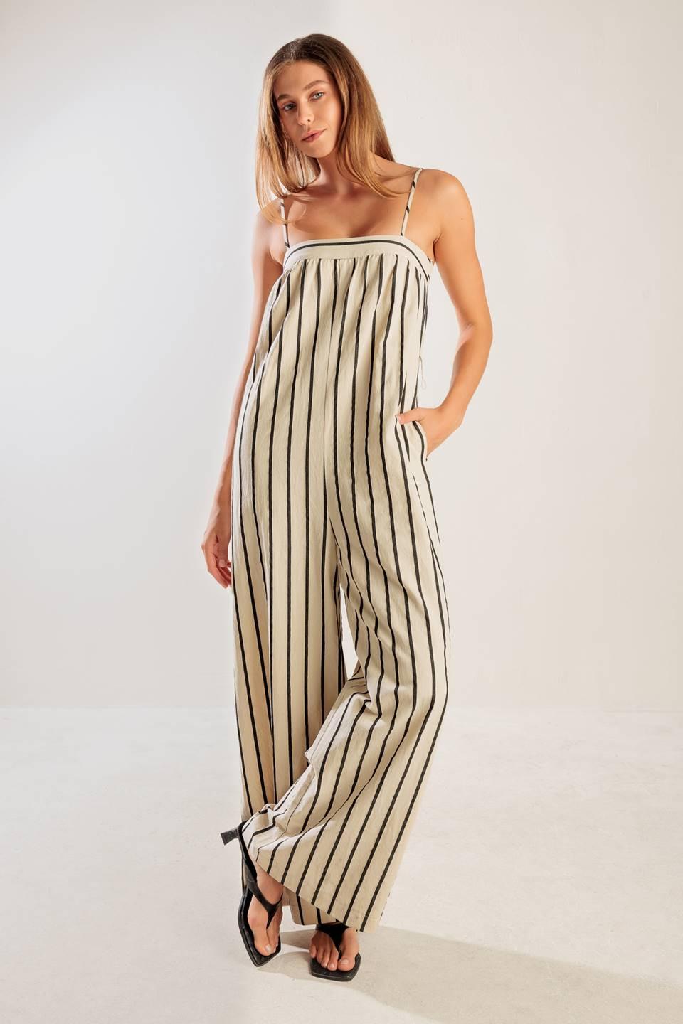 Just the Beginning Woven Jumpsuit in taupe black, view 7 — Soul Flow Apparel