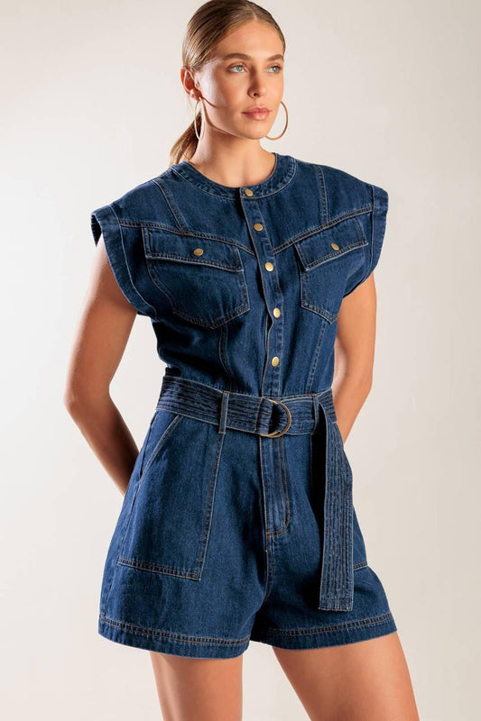 A Little Bit of This Denim Romper in indigo, view 1 — Soul Flow Apparel