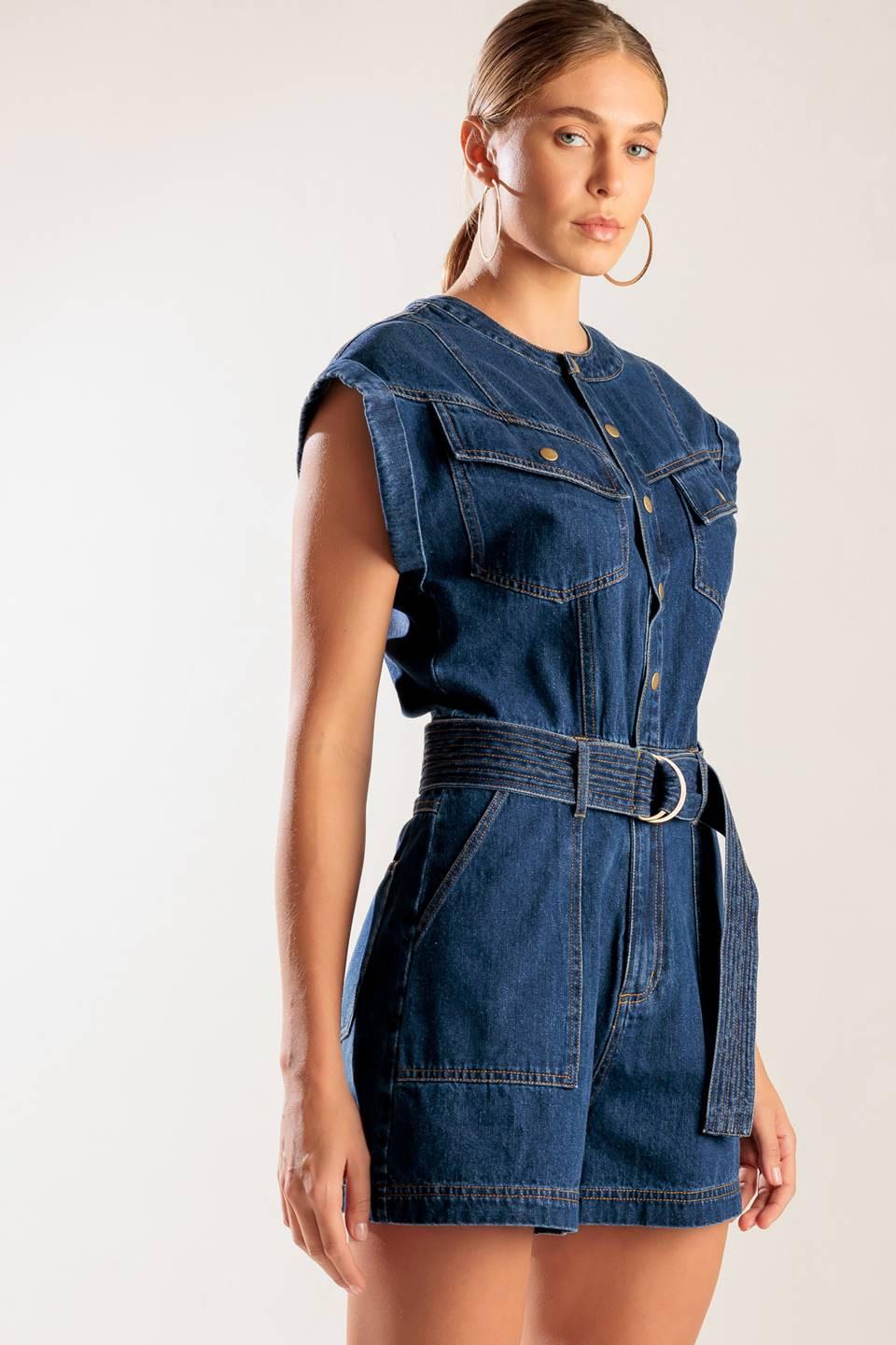 A Little Bit of This Denim Romper in indigo, view 4 — Soul Flow Apparel