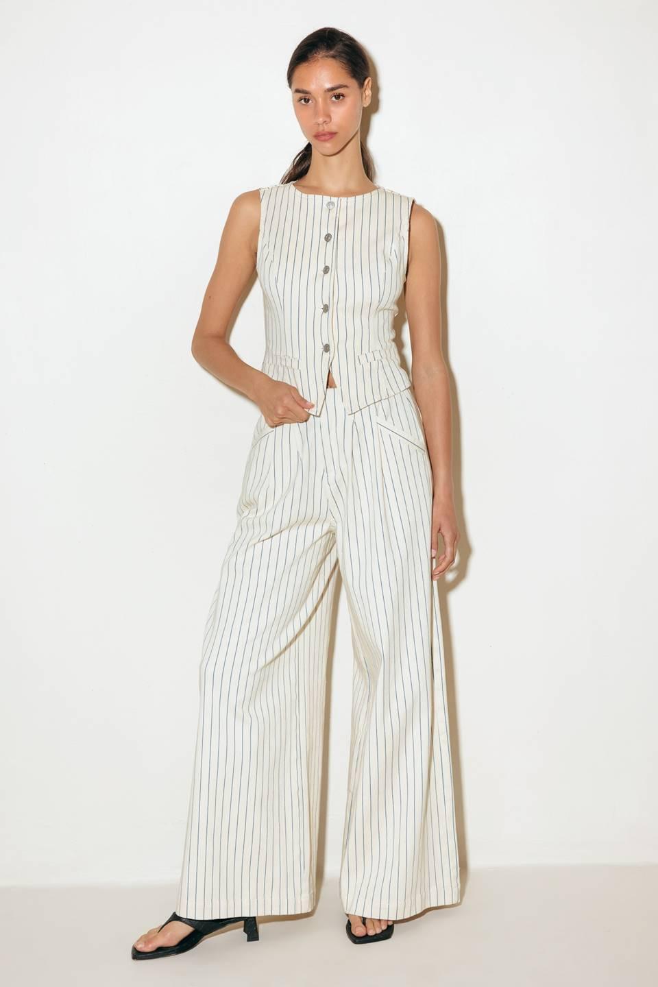 Coffee Run Striped Woven Pants in cream blue, view 3 — Soul Flow Apparel
