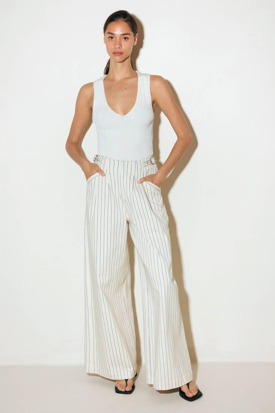 Coffee Run Striped Woven Pants in cream blue, view 5 — Soul Flow Apparel