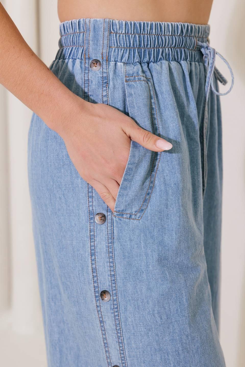 Riverside Sips Light Indigo Chambray Pants, view 2 — Soul Flow Apparel