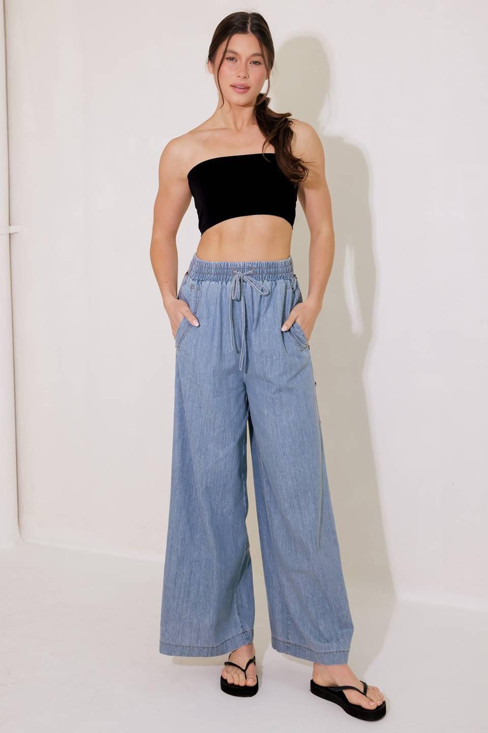 Riverside Sips Light Indigo Chambray Pants, view 5 — Soul Flow Apparel