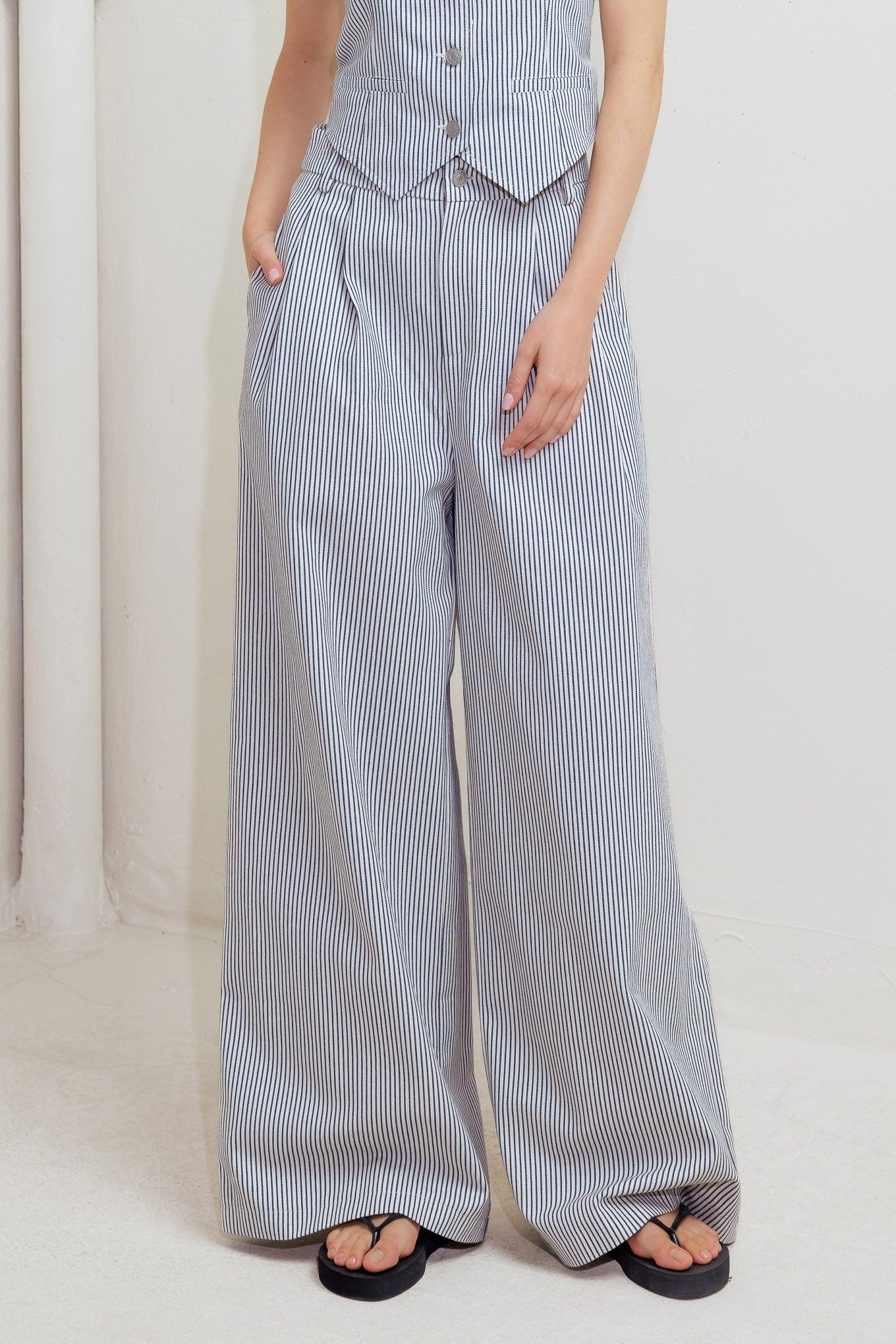 Coastal Chic Woven Pants in white navy, view 1 — Soul Flow Apparel